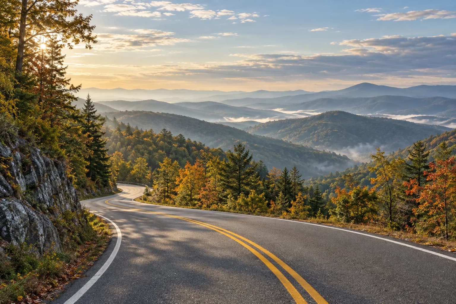 Illustrative winding mountain road through a green Appalachian forest