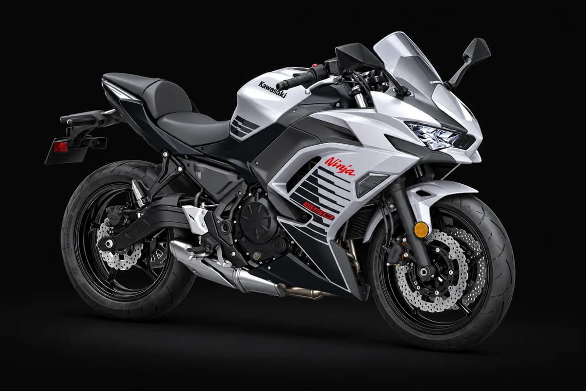 Illustrative white Kawasaki Ninja 650 with red and black graphics in a dark studio