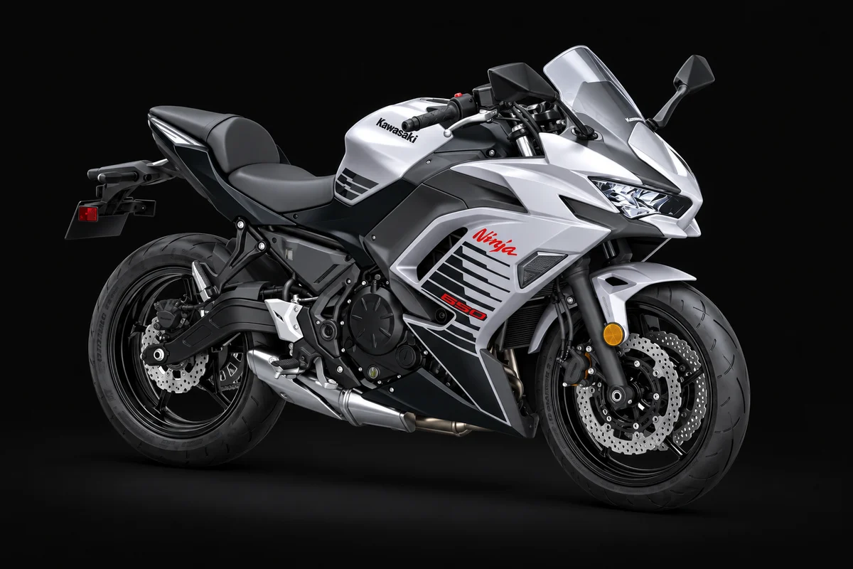 White Kawasaki Ninja 650 — Right / front. AI-generated reference view.